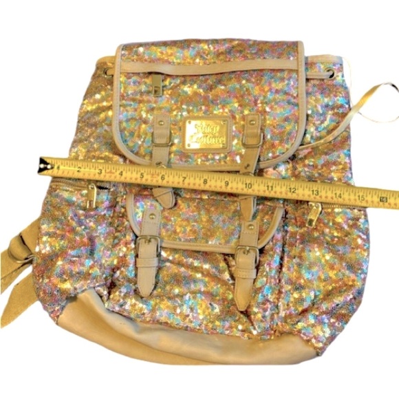 Juicy Couture Y2K Gold Sequence Bling Leather Straps Backpack - Picture 8 of 9
